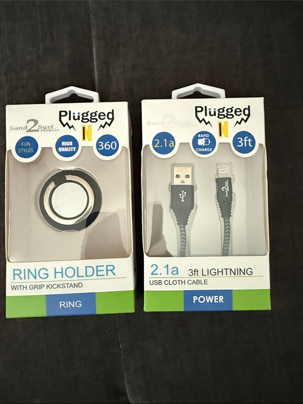 Plugged N Black Ring Holder & 3ft Lightning USB Cloth Cable Bundle